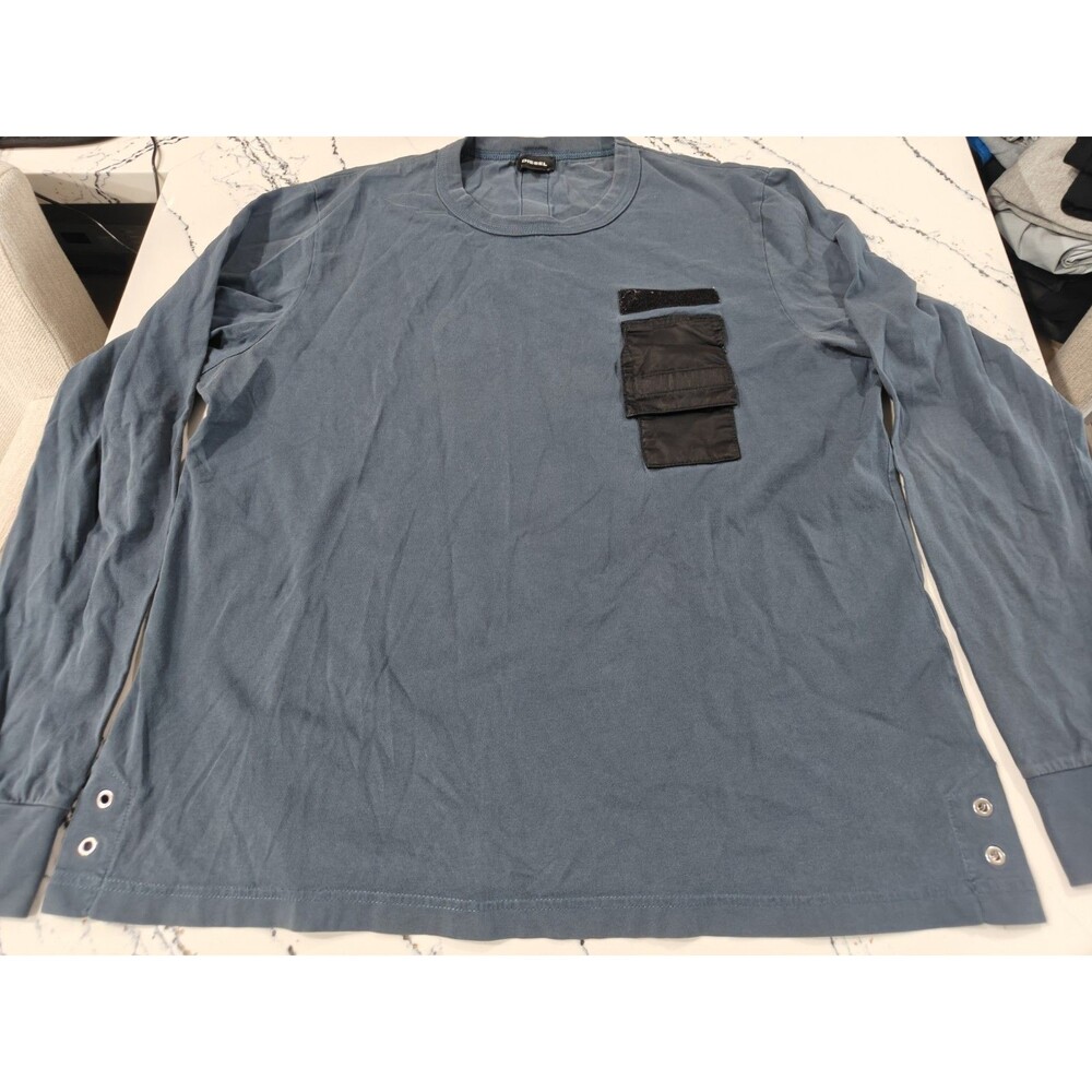 Diesel Mens Pullover Grunge Long Sleeve Pocket Vel.cro T Shirt Blue Sz XL